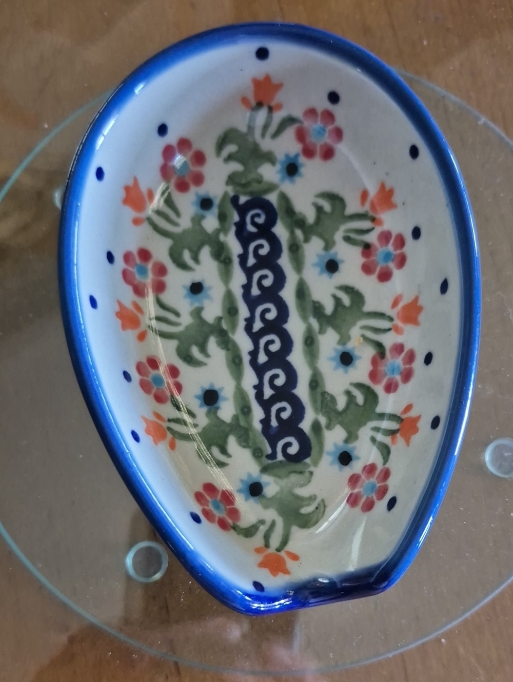 Danish Pottery Unik Blue and Green Floral Ceramic Spoon Rest with Orange Accents